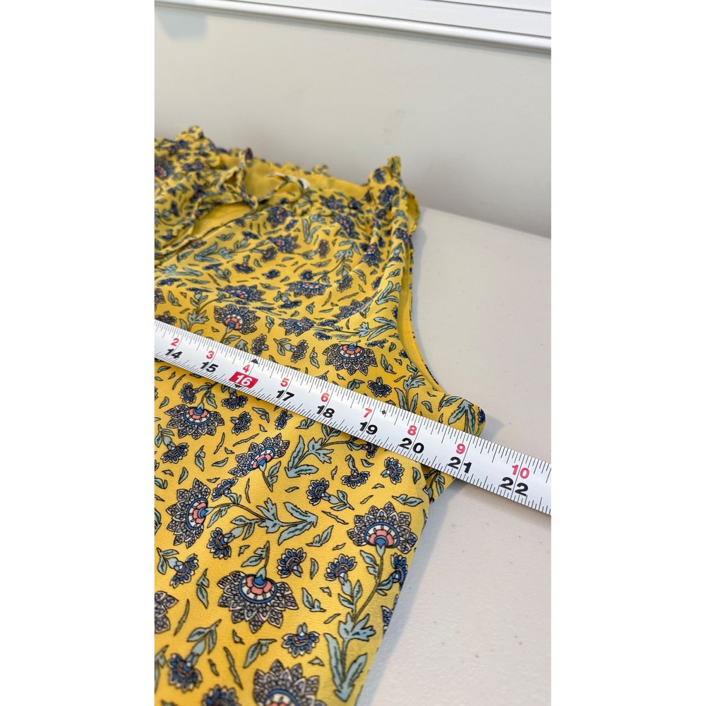 Max Studio Blouse Yellow Floral Ruffle Tie Neck Sleeveless Women Large - Picture 6 of 7